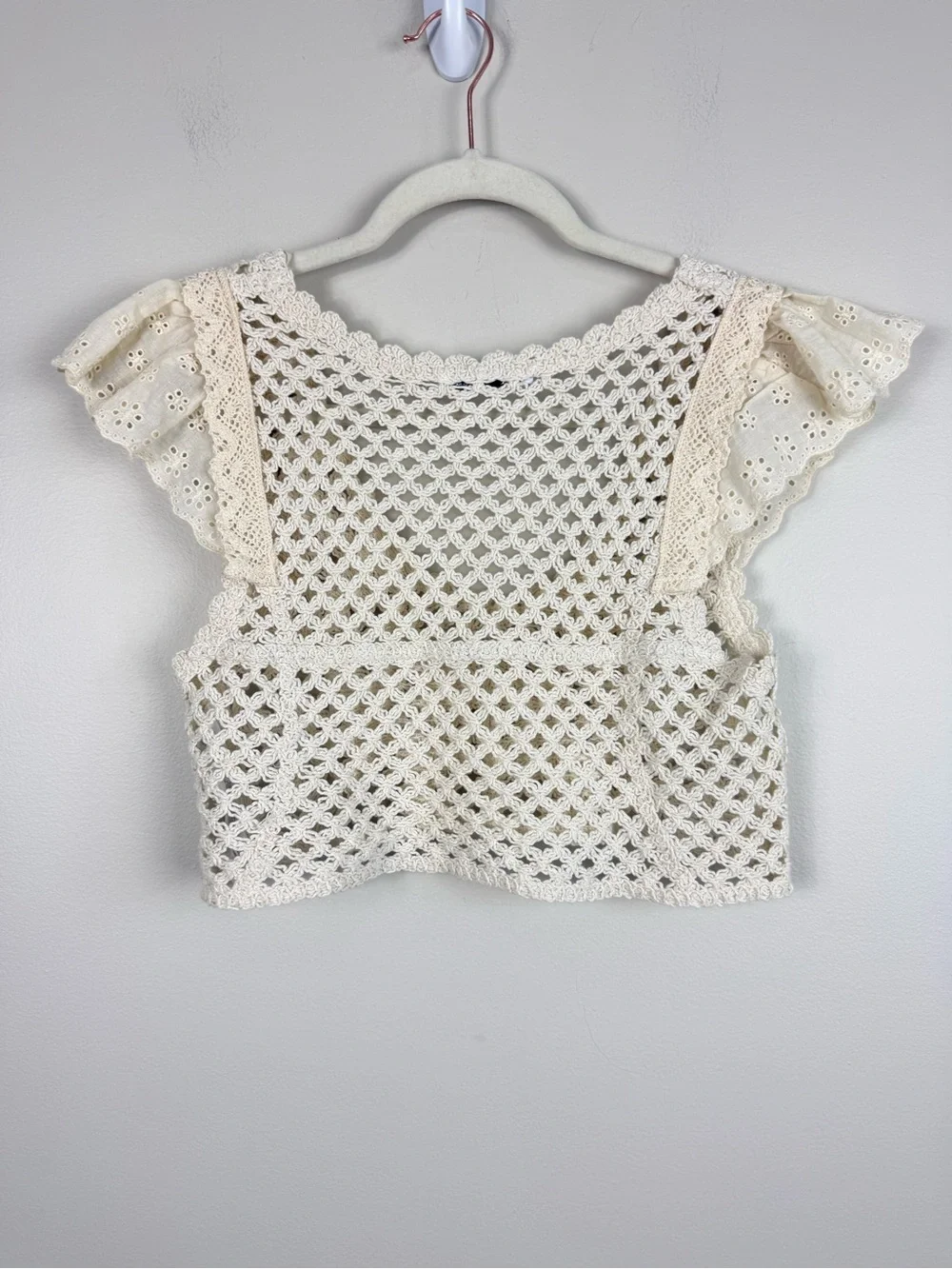 Zara Crochet Lace Crop Top Small Cream Boho Festival Rave Cottage Coastal Beach